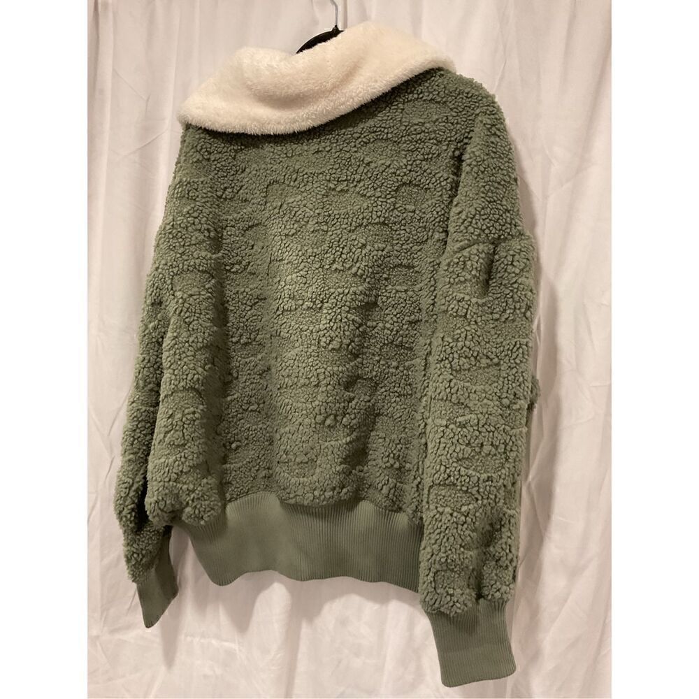 Free People Women's Green White Cozy Up Fleece Faux Fur Cardigan Jacket XL NWOT - Picture 6 of 9